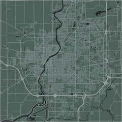 Map of Rockford in Illinois in a smooth dark style. Contains layered vector with roads water, parks, etc.