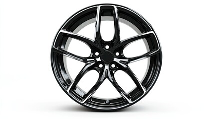 A premium alloy wheel with glossy black accents, isolated for an elegant presentation on white.