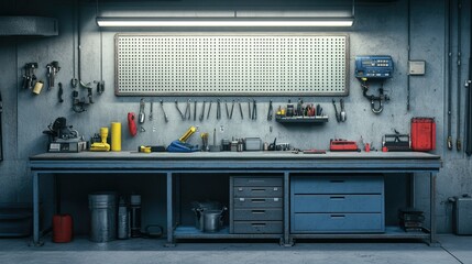 A professional mechanic's workbench, with an empty pegboard above and clean surroundings.