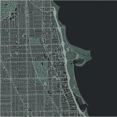 Map of Uptown in Illinois in a smooth dark style. Contains layered vector with roads water, parks, etc.