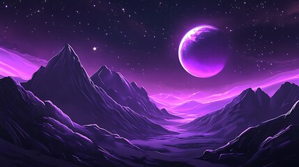 Stunning Digital Painting: Vibrant Purple Alien Landscape Under a Giant Moon. AI Generated