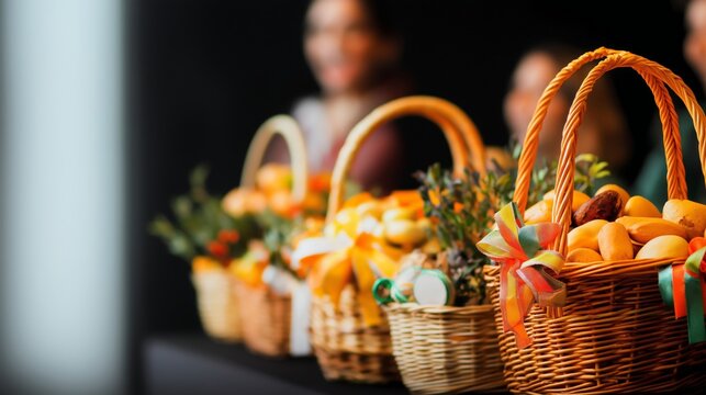 A row of Purim gift baskets (Mishloach Manot) filled with bright yellow fruits and adorned with colorful ribbons, set against a dark background with blurred people