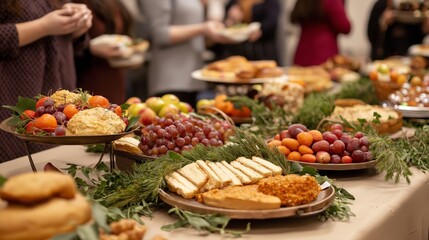 A vibrant Purim celebration table filled with fresh fruits, pastries, and traditional festive dishes, adorned with green sprigs and surrounded by people in joyful conversation
