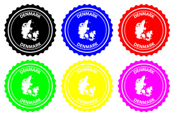 Denmark - rubber stamp - vector, Denmark map pattern - sticker - black, blue, green, yellow, purple and red