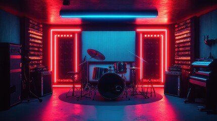 Obraz premium A sleek modern music studio with a drum set, keyboard, and vibrant LED lighting, offering an energetic space for music creation.