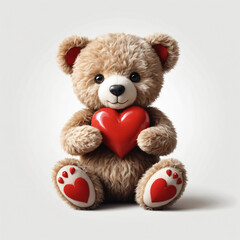 Obraz premium Teddy bear holding a red heart with a white background.