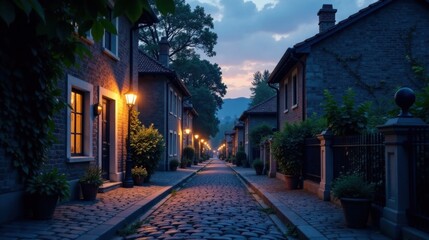 Serene Evening on a Cobblestone Street, Lit by Gas Lamps, Flanked by Charming Stone Houses and Lush Greenery