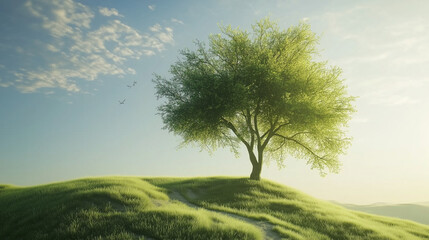 A lone tree stands on a grassy hilltop under a partly cloudy sky