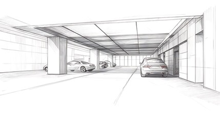 Fototapeta premium Cleanly Rendered Sketch: Modern Parking Garage Interior Design Illustration. AI Generated