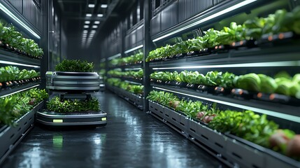 Advanced agricultural robots stacking freshly harvested vegetables in a modern warehouse, sleek metallic finish with glowing green accents, bright artificial lighting creating a clean aesthetic,