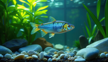 Fototapeta premium Neon tetra swimming gracefully in a crystal-clear aquarium, vibrant natural lighting with soft reflections, lush aquatic plants and pebbles in the background, serene underwater atmosphere