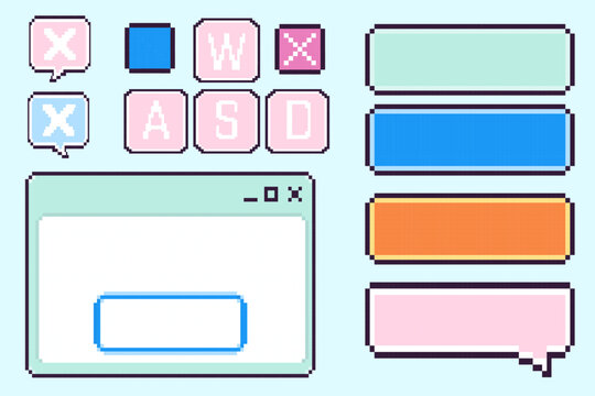 Pixel game UI elements set - control keys WASD, window frames, speech bubbles and rectangular panels in pastel pink, blue, mint and orange colors. Retro styled computer games and 8 bit applications.