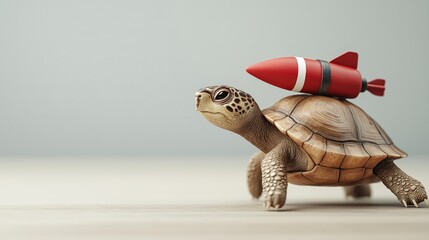A whimsical illustration of a turtle with a bright red rocket strapped onto its back, capturing a fun and imaginative concept of speed and adventure in unique animal settings.