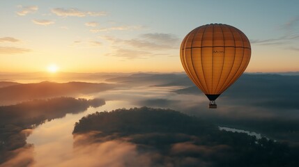 Obraz premium Captivating Aerial View from Inside a Hot Air Balloon at Sunrise Above a Serene Landscape with Mist and Calm Waters, Perfect for Travel and Adventure Themes