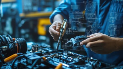 Mechanic Working on a Car Engine with Holographic Blueprint