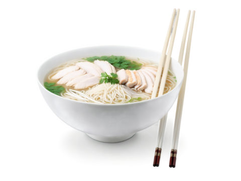 Pho Ga Vietnam Fragrant chicken noodle soup with rice noodles, sliced chicken and fresh herbs in traditional ceramic bowl with