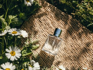 Obraz premium Summer Fragrance: Perfume Bottle Resting on a Woven Mat Surrounded by Daisies