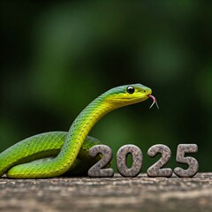 Fototapeta premium Vibrant green snake with 2025 stones against a nature background