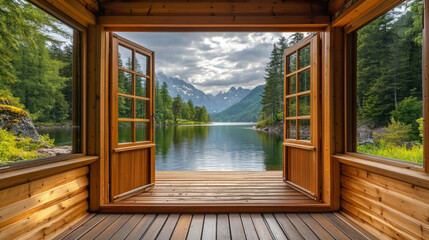 River landscape view from wooden patio. Vector cartoon illustration of open glass door on house porch, evergreen fir tree forest near clear lake water, clouds in sunny sky, beautiful scenery, vacation