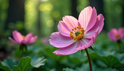 Obraz premium Anemone blooms amidst forest foliage, soft petals unfurl, Wildflowers, Forest Flowers, Blooming