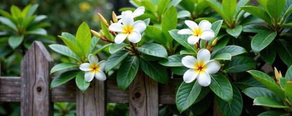 Obraz premium Colorful Plumeria shrub with fragrant white blooms isolated on a wooden gate, bush, garden gate, nature
