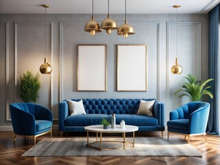 Modern Blue Velvet Sofa Living Room Interior Design - Gold Pendant Lights & Blank Canvas Artwork