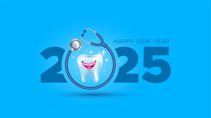 Greeting for Happy New Year 2025. Happy teeth with doctor stethoscope, dental clinic, health care concept.