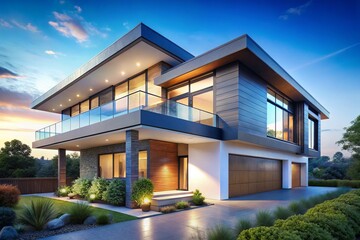 Fototapeta premium Modern House Side View 3D Render, Architectural Wallpaper, Blue Sky, Close-up