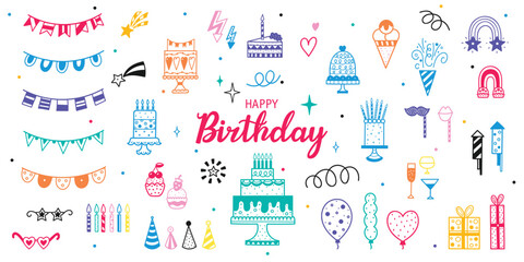 Obraz premium Colorful Happy Birthday doodle set. Sketch party decoration, gift box, cake, party. Hand drawn elements. Vector line illustration