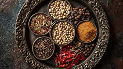 Assortment of Spices on Ornate Metal Platter