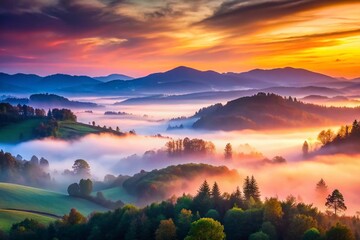 Obraz premium Ethereal Pre-Dawn Landscape: Serene Mist-Shrouded Hills