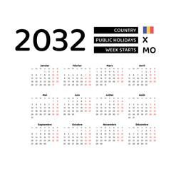 Calendar 2032 French language with Chad public holidays. Week starts from Monday. Graphic design vector illustration.