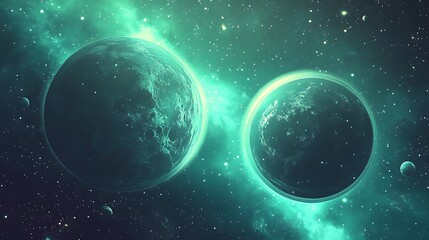 Naklejka premium Stunning Digital Painting: Two Ethereal Planets Orbiting Closely in a Vibrant Nebula. AI Generated