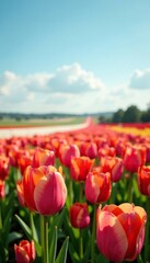 Flat field of colorful spring tulips with distant background, field of flowers, blossom field, flower field