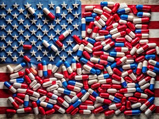 Opioid Crisis America: Aerial View of National Flag & Prescription Pills