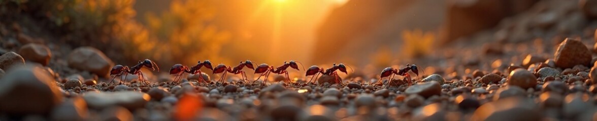 Fototapeta premium Hundreds of ants marching in a single file across rocky terrain, fire ants, morning sun