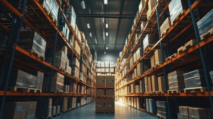 Obraz premium Warehouse Interior: A View Through Rows of Shelving Filled with Boxes