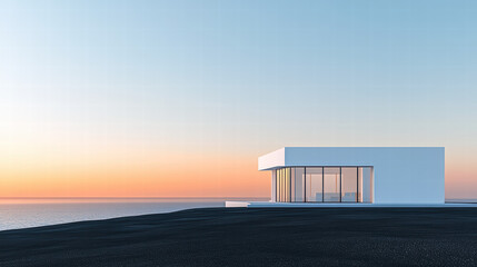 Fototapeta premium Minimalist white house with glass windows on the roof, overlooking an ocean at sunset