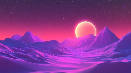 Fototapeta premium Vibrant Digital Painting: Retro-Futuristic Mountains Bask Under a Glowing Moon. AI Generated