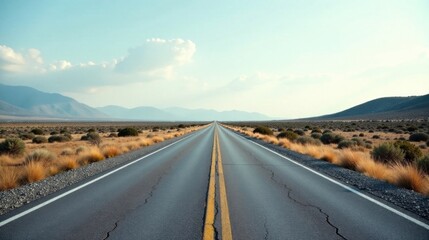 Fototapeta premium Endless Asphalt Journey A Scenic Drive Through a Vast, Dry Landscape Under a Pale Sky