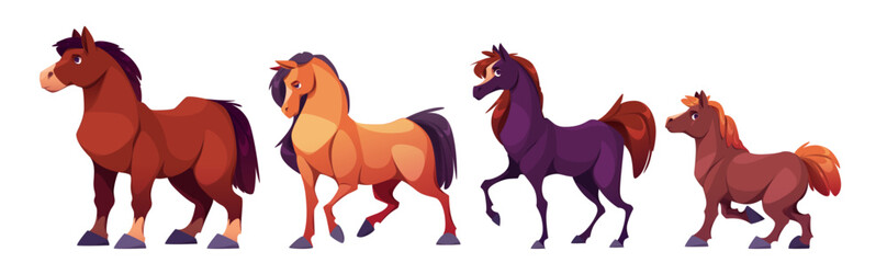 Cartoon horse characters set - stylized equine figures in different poses and sizes with brown, orange and purple fur color and expressive faces. Playful animal designs for children books or game.