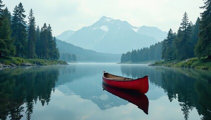 Quiet red canoe on still lake with pine trees, pine, quiet