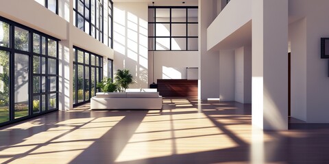 Obraz premium Spacious Modern Interior with Sunlight and Window Shadows on Walls and Polished Floor