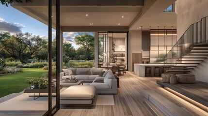 Modern open-plan home interior with large glass doors leading to a garden.