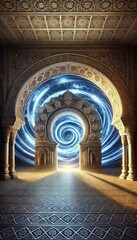 Obraz premium An ancient archway bathed in ethereal light, a swirling vortex promises a journey beyond imagination. Step through and discover the secrets hidden within.