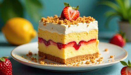 shot of layered dessert with graham cracker topping from the front, tropical, tall