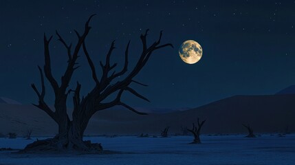 Naklejka premium A serene night scene featuring a full moon illuminating a barren landscape with dead trees.