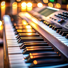 A close-up view of synthesizer keys, with a blurred