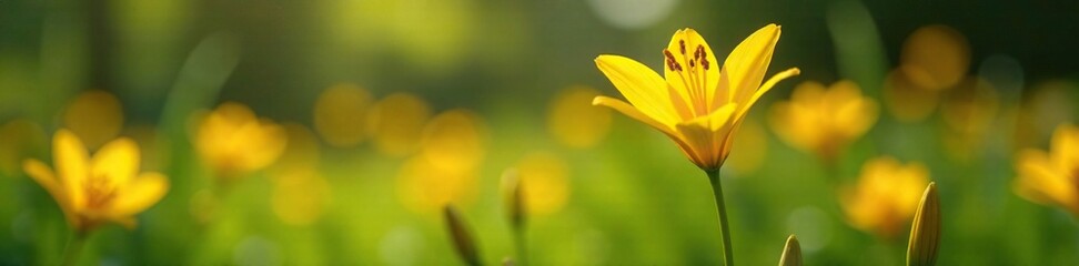 Single yellow lily bloom in the garden among other flowers, meadow, flowers, nature