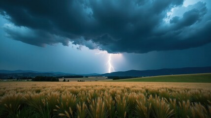 Dramatic Lightning Strike Over Golden Field Under Ominous Storm Clouds